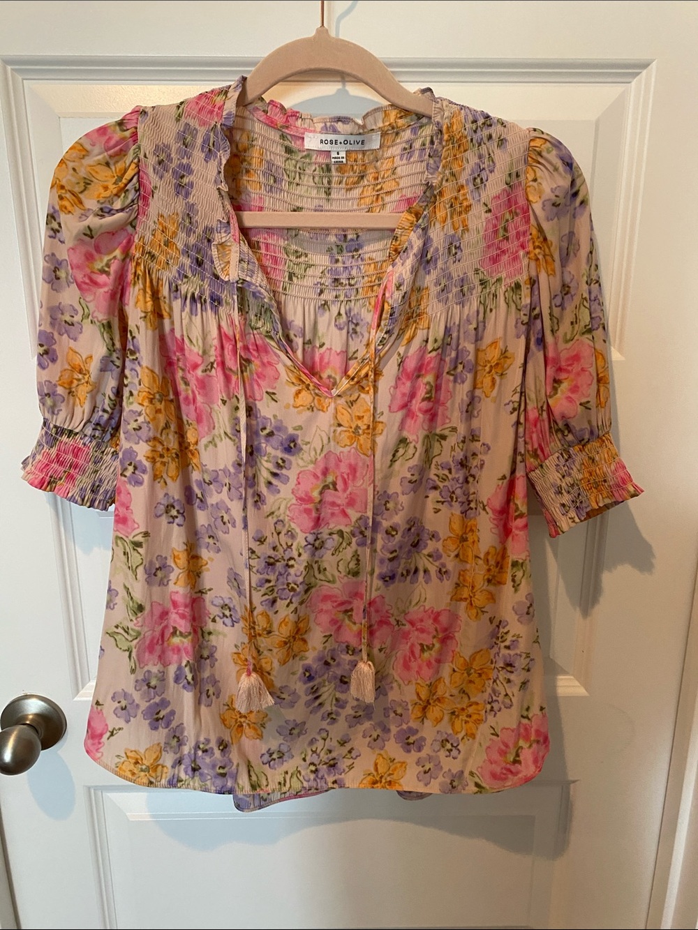 Rose & Olive Floral Smocked Peasant Blouse - Cream with Pink & Purple Flowers